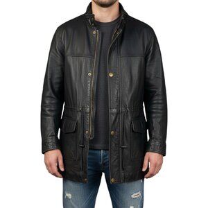 Vintage 90s Charles Klein Mens Leather Field Jacket Black Coat Waist Ties Sz XL